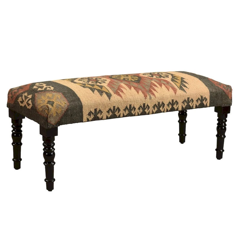 47 Inch Multicolored Southwestern Style Rectangular Bench with Wooden Legs, Jute and Wool Fabric