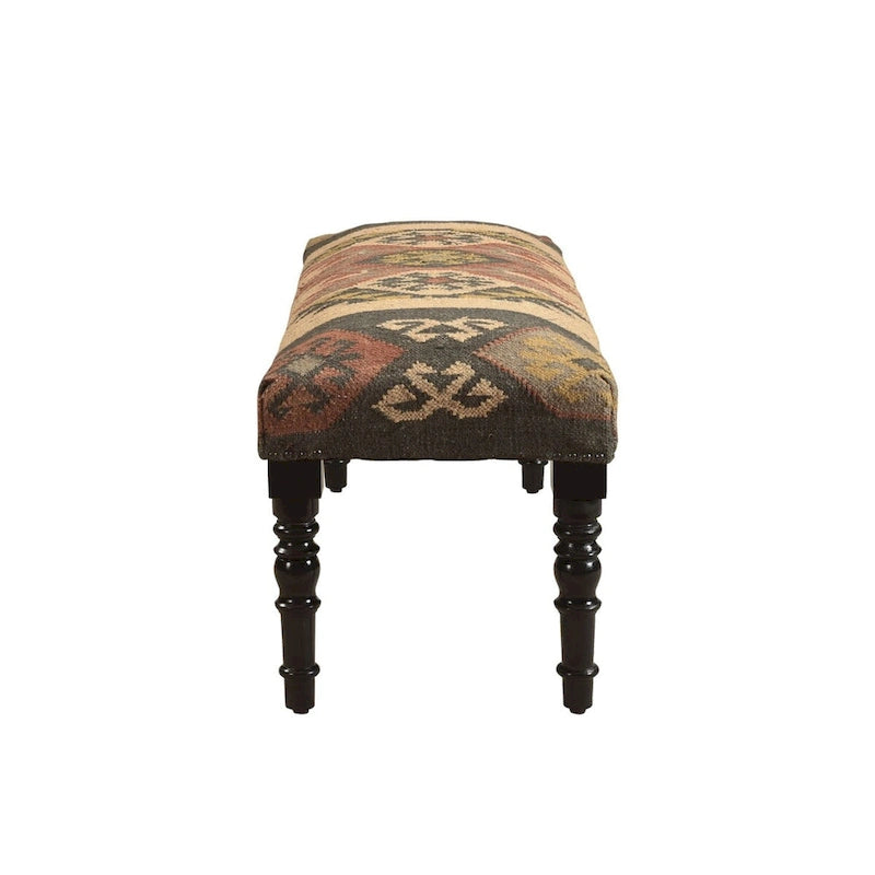 47 Inch Multicolored Southwestern Style Rectangular Bench with Wooden Legs, Jute and Wool Fabric