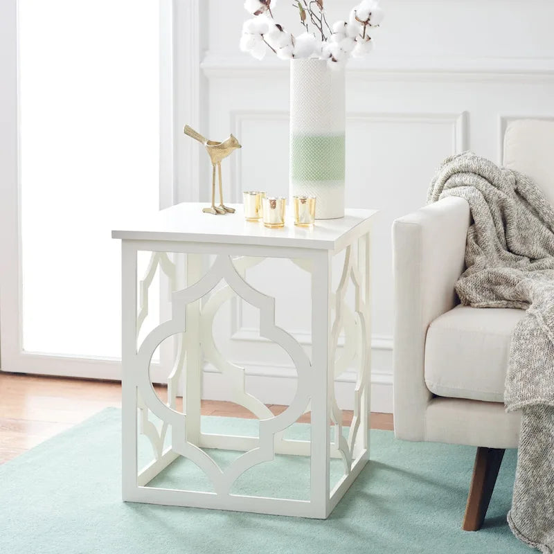 Quatrefoil Open Frame End Table with Silver Leaf Finish, Modern Accent Side Table