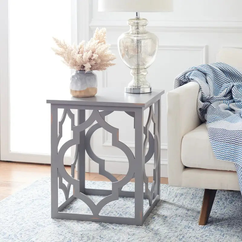Quatrefoil Open Frame End Table with Silver Leaf Finish, Modern Accent Side Table