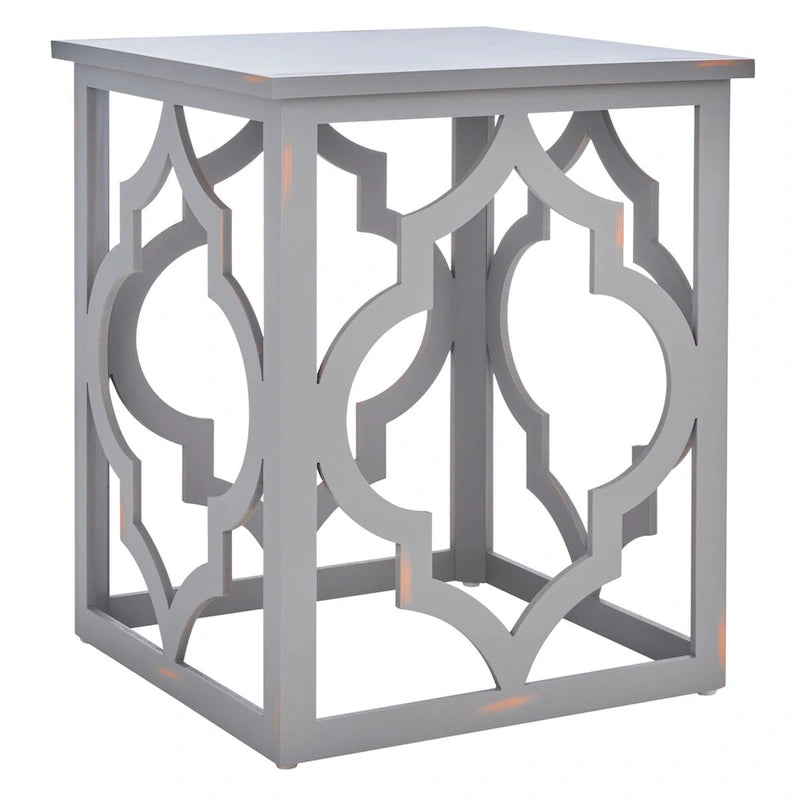 Quatrefoil Open Frame End Table with Silver Leaf Finish, Modern Accent Side Table