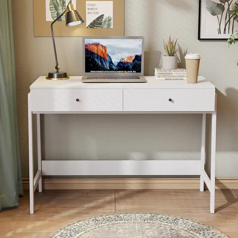 2-Drawer Computer Office Writing Desk, Modern White Finish with Metal Handles