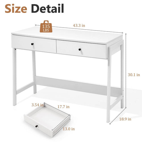 2-Drawer Computer Office Writing Desk, Modern White Finish with Metal Handles
