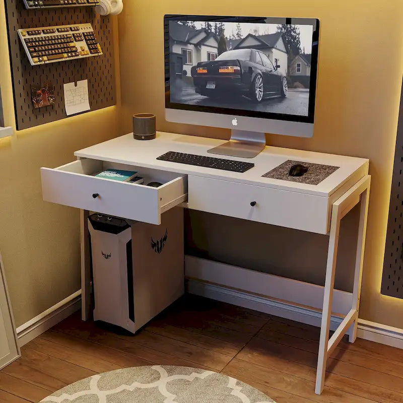 2-Drawer Computer Office Writing Desk, Modern White Finish with Metal Handles