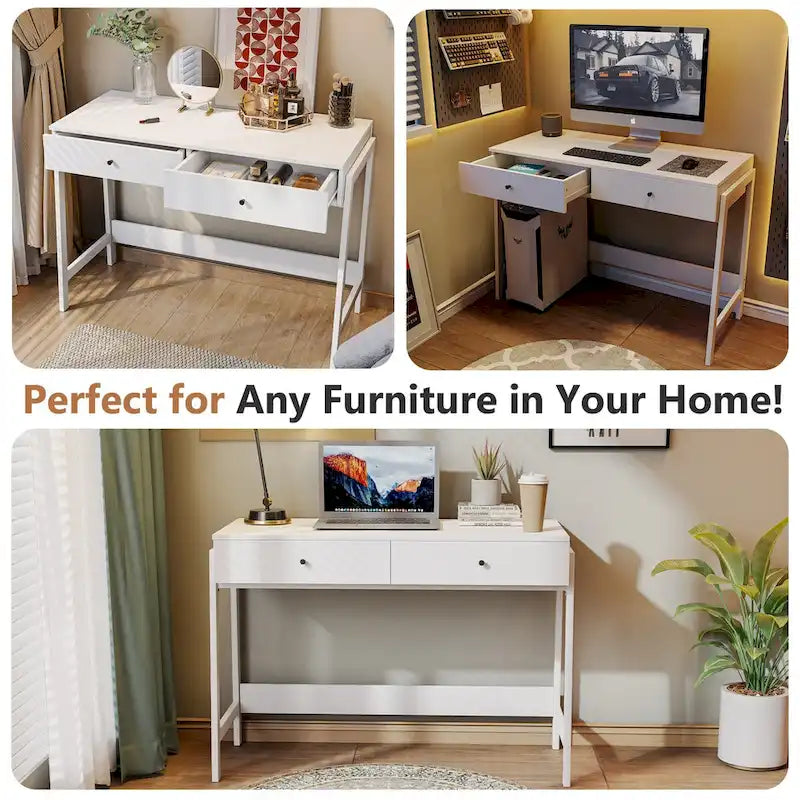 2-Drawer Computer Office Writing Desk, Modern White Finish with Metal Handles