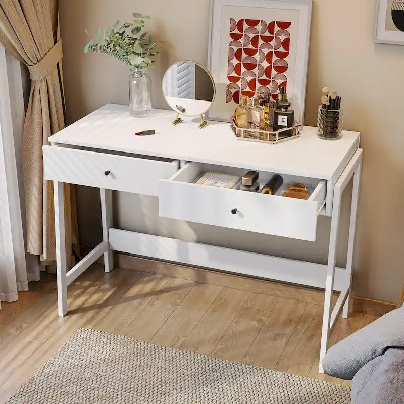 2-Drawer Computer Office Writing Desk, Modern White Finish with Metal Handles