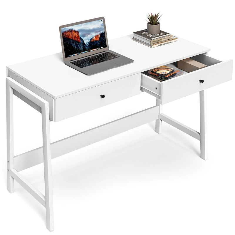 2-Drawer Computer Office Writing Desk, Modern White Finish with Metal Handles
