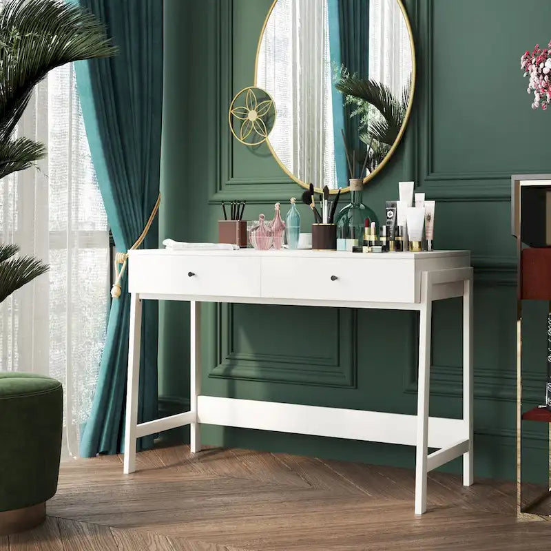 2-Drawer Computer Office Writing Desk, Modern White Finish with Metal Handles