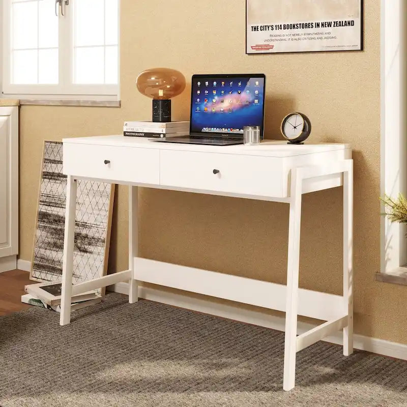 2-Drawer Computer Office Writing Desk, Modern White Finish with Metal Handles
