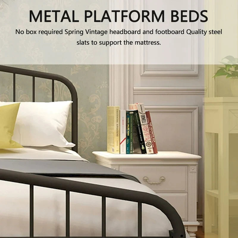 Platform Metal Bed Frame with Headboard, Iron Slat Support and 12-Inch Under-Bed Storage, Twin/Full/Queen