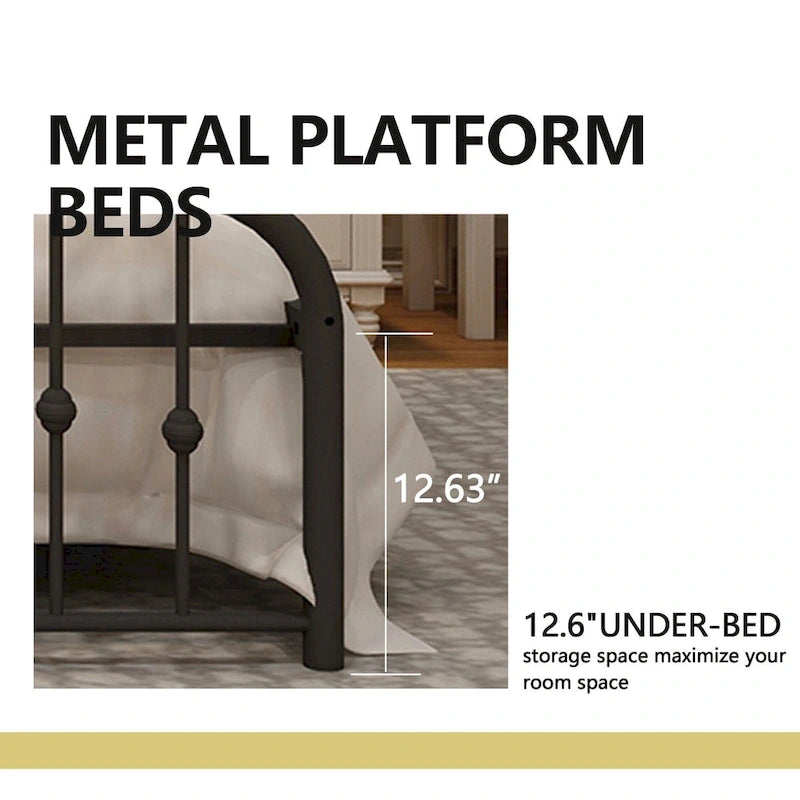 Platform Metal Bed Frame with Headboard, Iron Slat Support and 12-Inch Under-Bed Storage, Twin/Full/Queen
