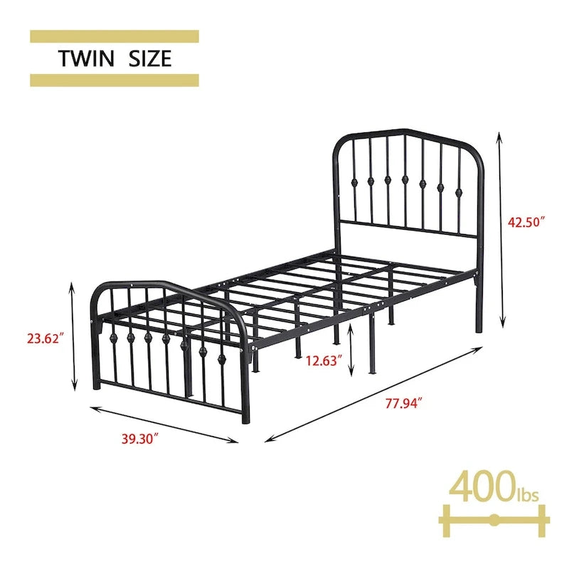 Platform Metal Bed Frame with Headboard, Iron Slat Support and 12-Inch Under-Bed Storage, Twin/Full/Queen