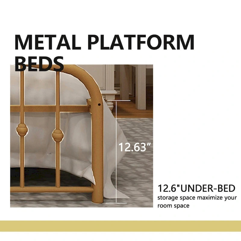 Platform Metal Bed Frame with Headboard, Iron Slat Support and 12-Inch Under-Bed Storage, Twin/Full/Queen