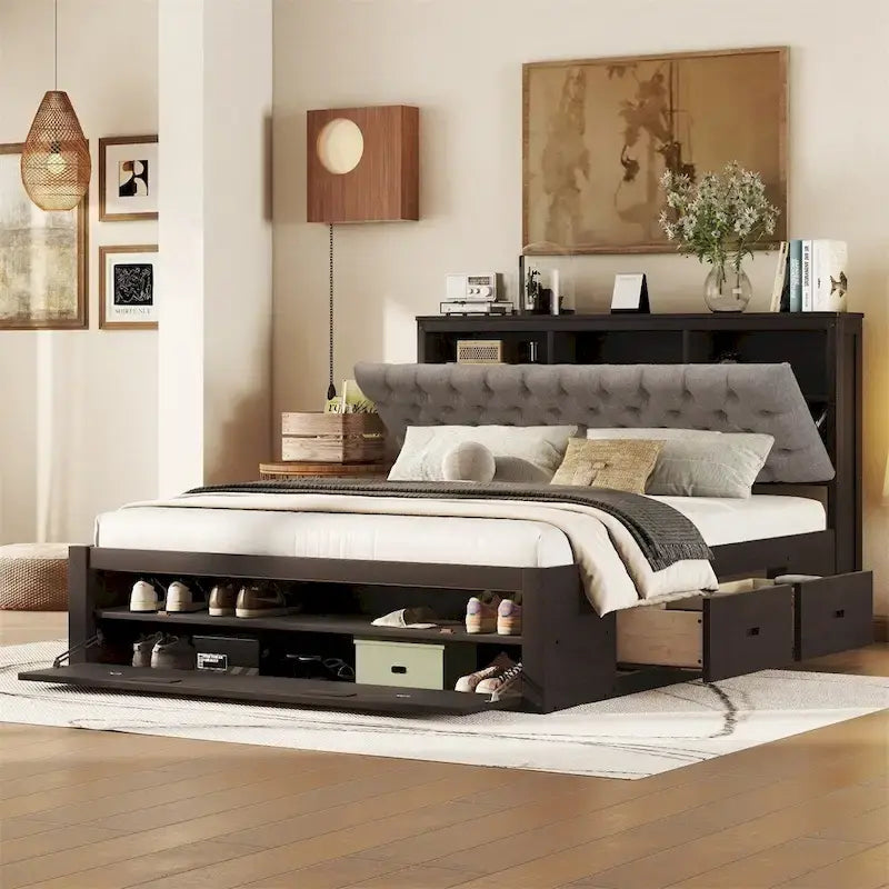 Queen Size Wood Platform Bed with Storage Drawers, Headboard Shelf and Shoe Rack