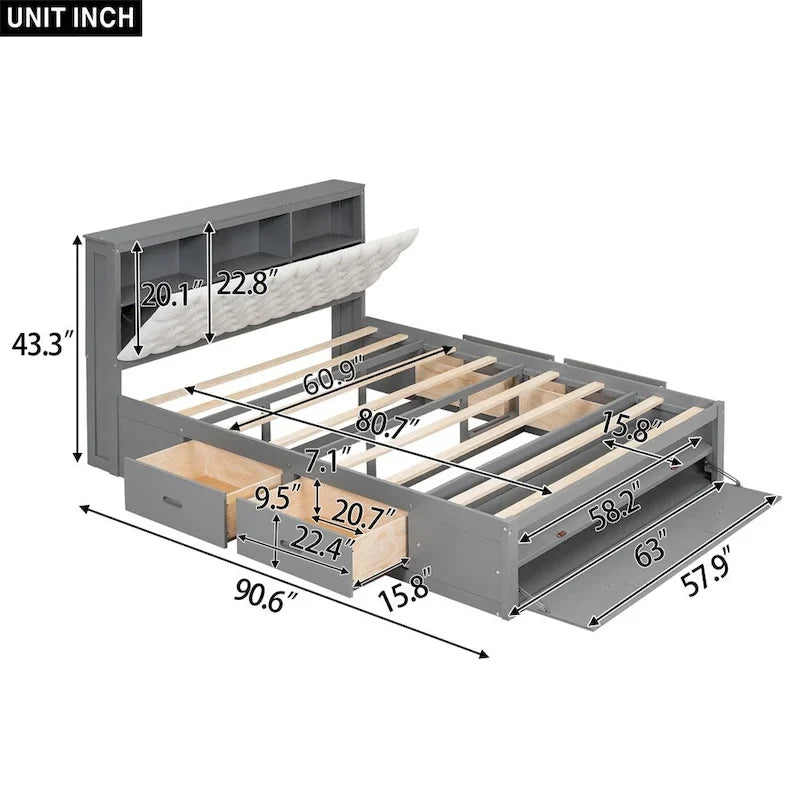Queen Size Wood Platform Bed with Storage Drawers, Headboard Shelf and Shoe Rack