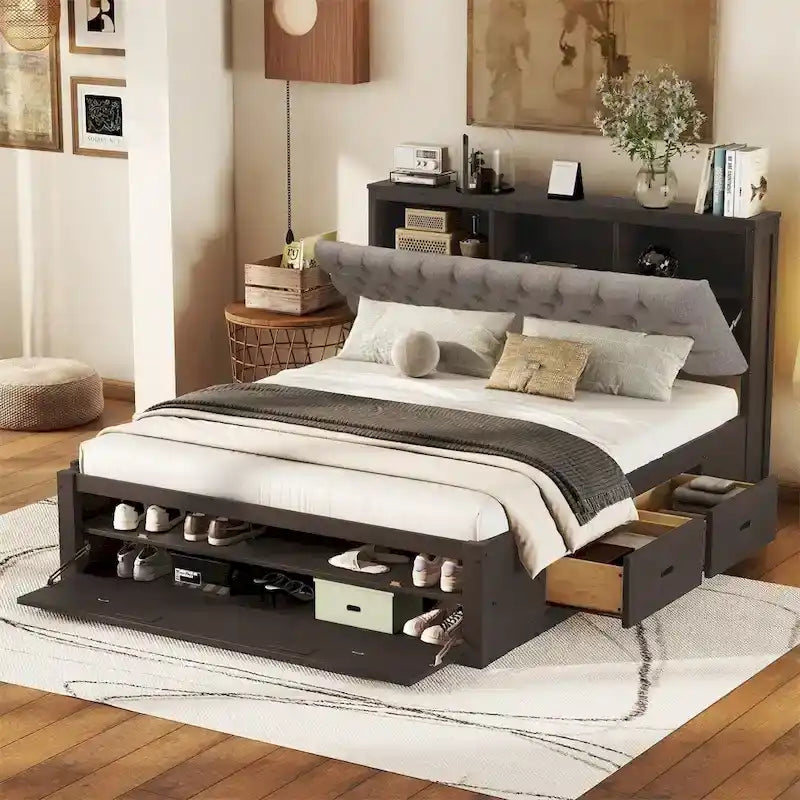 Queen Size Wood Platform Bed with Storage Drawers, Headboard Shelf and Shoe Rack