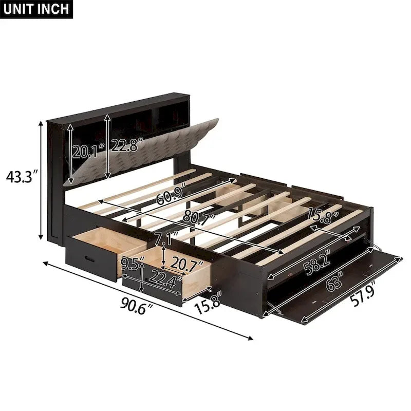 Queen Size Wood Platform Bed with Storage Drawers, Headboard Shelf and Shoe Rack