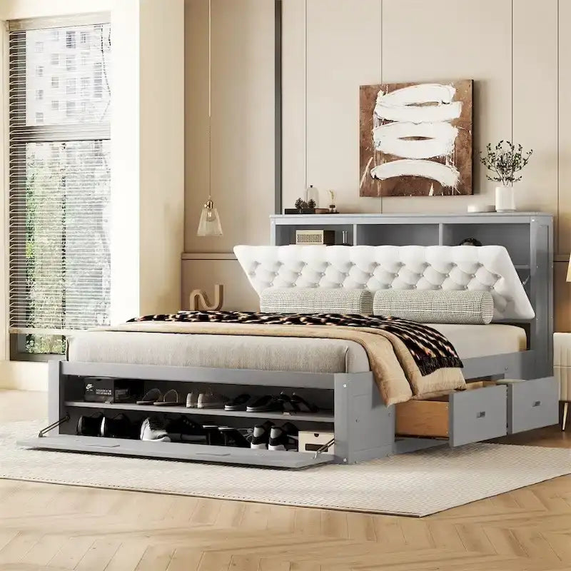 Queen Size Wood Platform Bed with Storage Drawers, Headboard Shelf and Shoe Rack