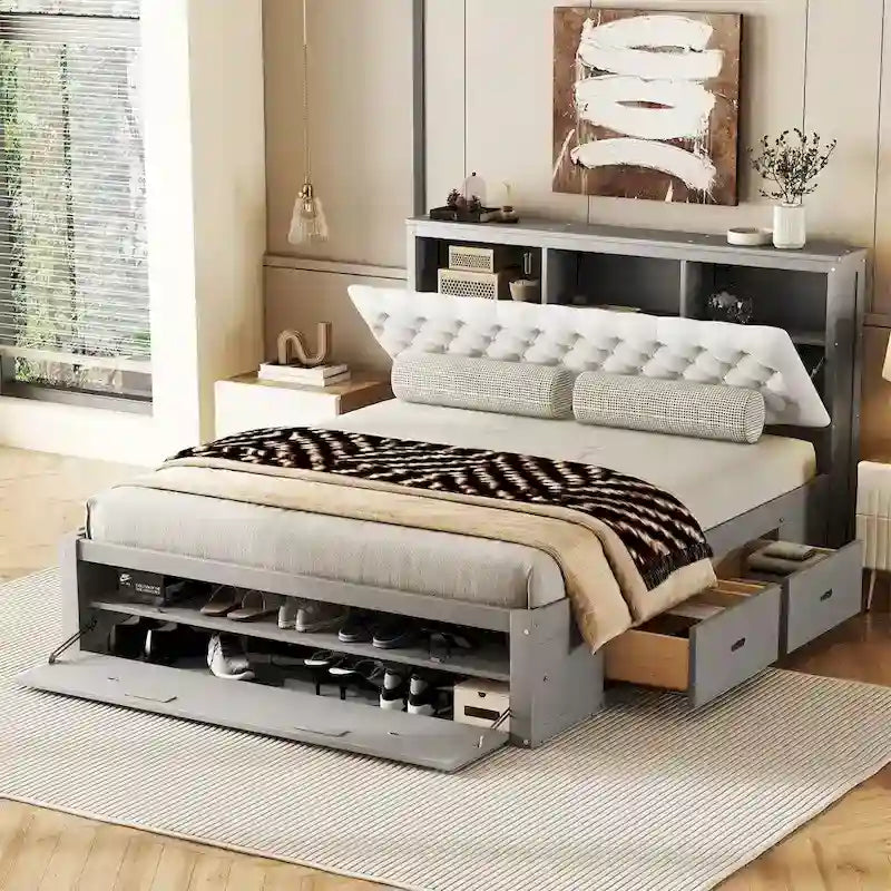 Queen Size Wood Platform Bed with Storage Drawers, Headboard Shelf and Shoe Rack