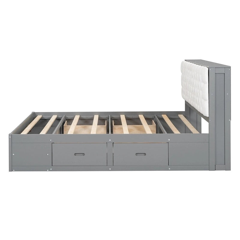 Queen Size Wood Platform Bed with Storage Drawers, Headboard Shelf and Shoe Rack