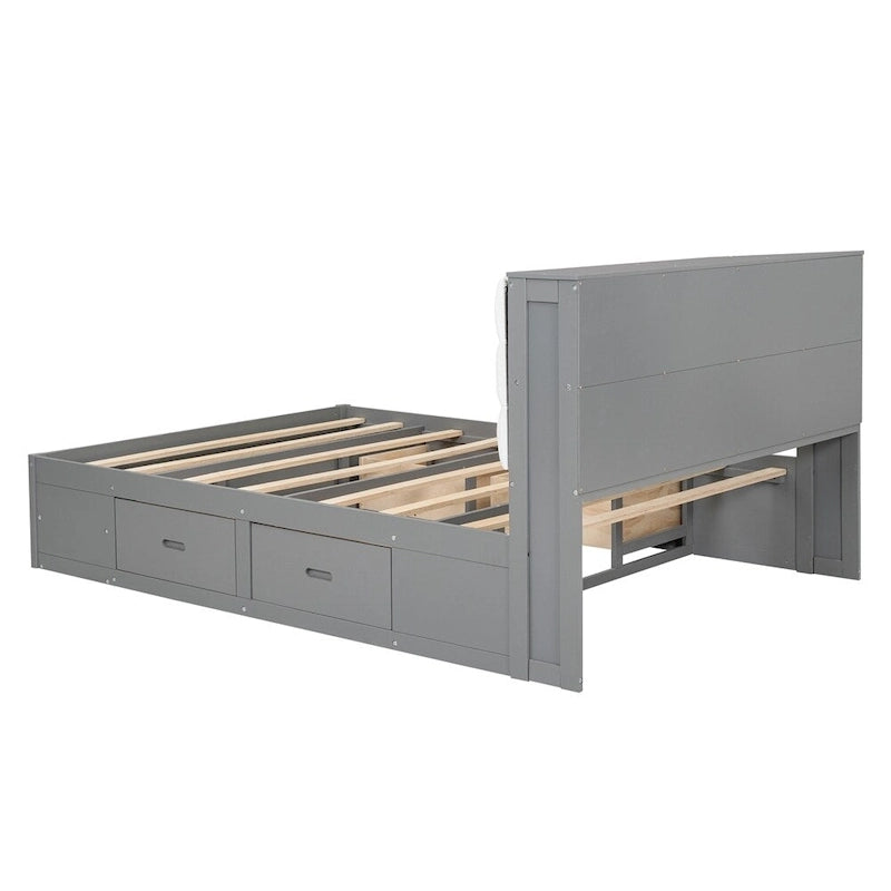 Queen Size Wood Platform Bed with Storage Drawers, Headboard Shelf and Shoe Rack