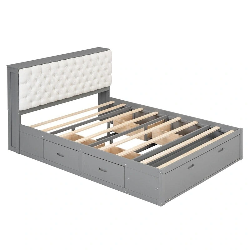 Queen Size Wood Platform Bed with Storage Drawers, Headboard Shelf and Shoe Rack