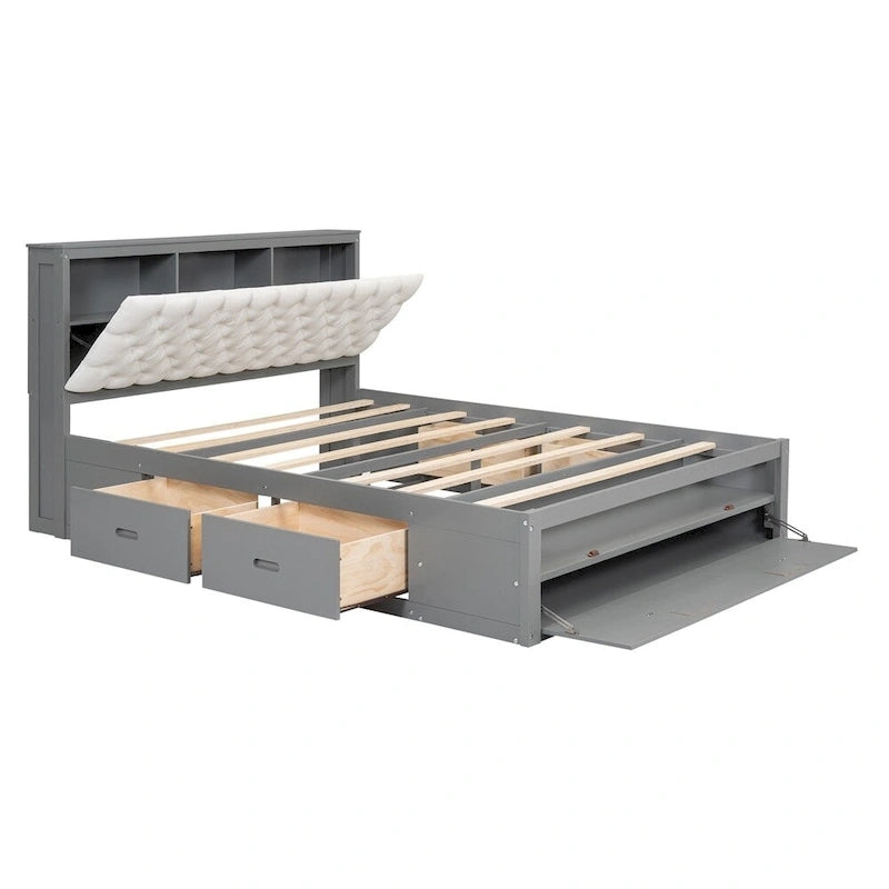 Queen Size Wood Platform Bed with Storage Drawers, Headboard Shelf and Shoe Rack