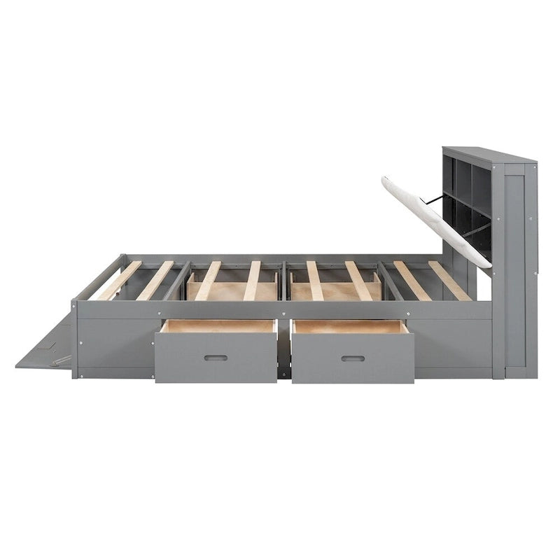 Queen Size Wood Platform Bed with Storage Drawers, Headboard Shelf and Shoe Rack