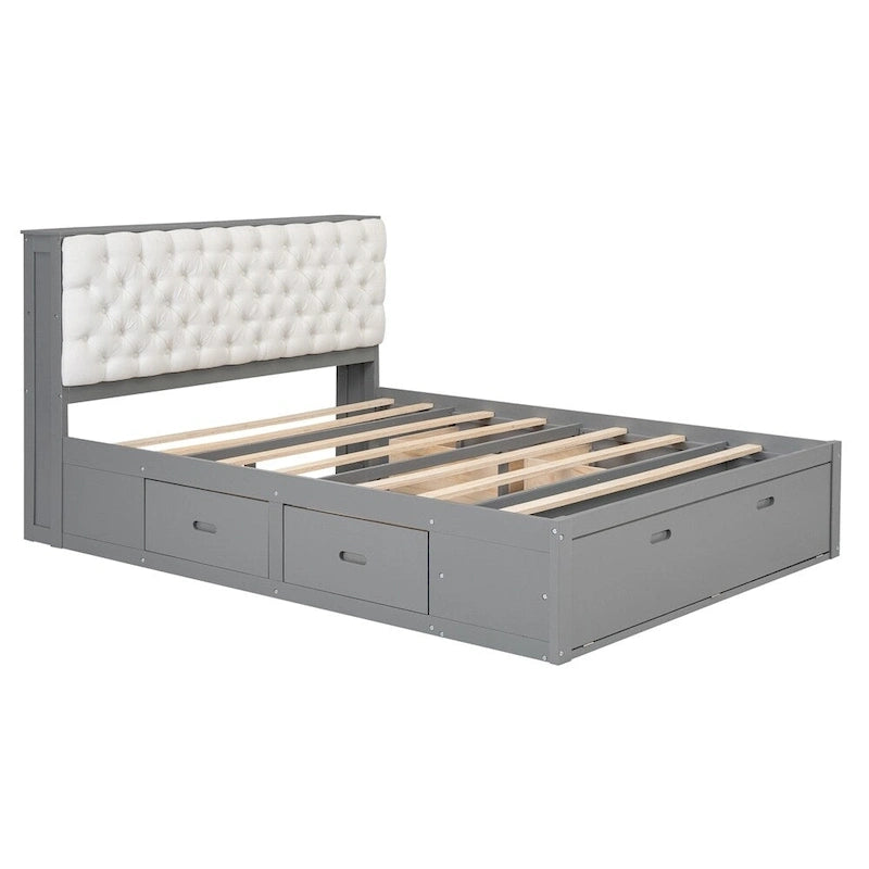 Queen Size Wood Platform Bed with Storage Drawers, Headboard Shelf and Shoe Rack