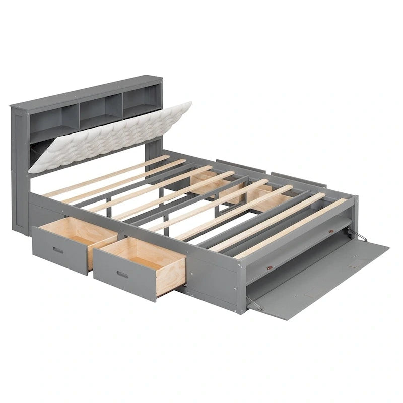 Queen Size Wood Platform Bed with Storage Drawers, Headboard Shelf and Shoe Rack