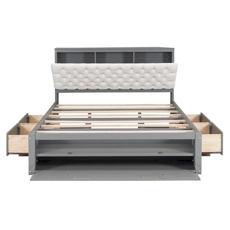 Queen Size Wood Platform Bed with Storage Drawers, Headboard Shelf and Shoe Rack