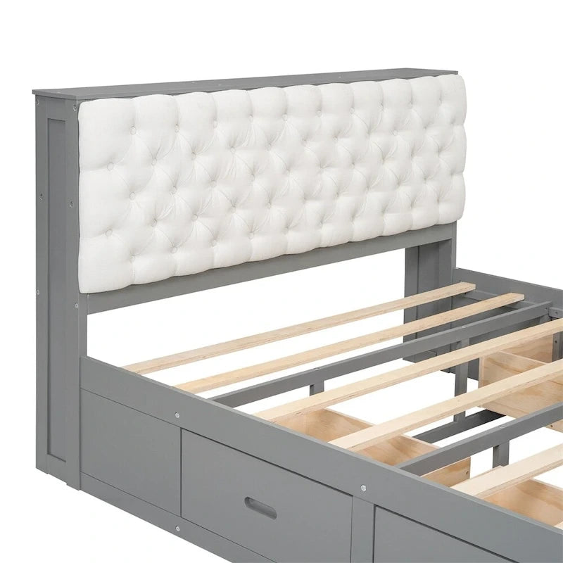 Queen Size Wood Platform Bed with Storage Drawers, Headboard Shelf and Shoe Rack