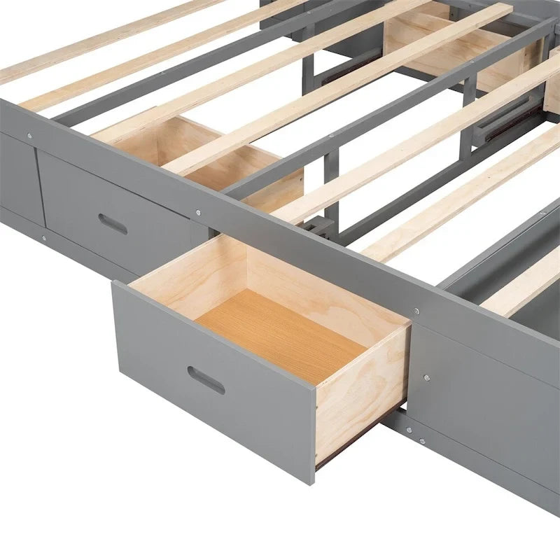 Queen Size Wood Platform Bed with Storage Drawers, Headboard Shelf and Shoe Rack