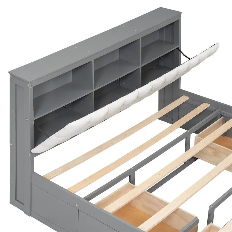 Queen Size Wood Platform Bed with Storage Drawers, Headboard Shelf and Shoe Rack