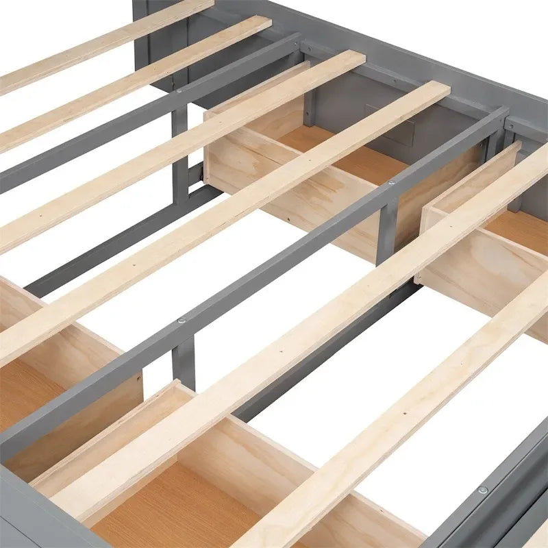 Queen Size Wood Platform Bed with Storage Drawers, Headboard Shelf and Shoe Rack