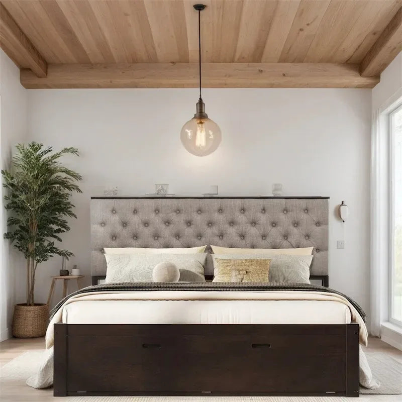 Queen Size Wood Platform Bed with Storage Drawers, Headboard Shelf and Shoe Rack