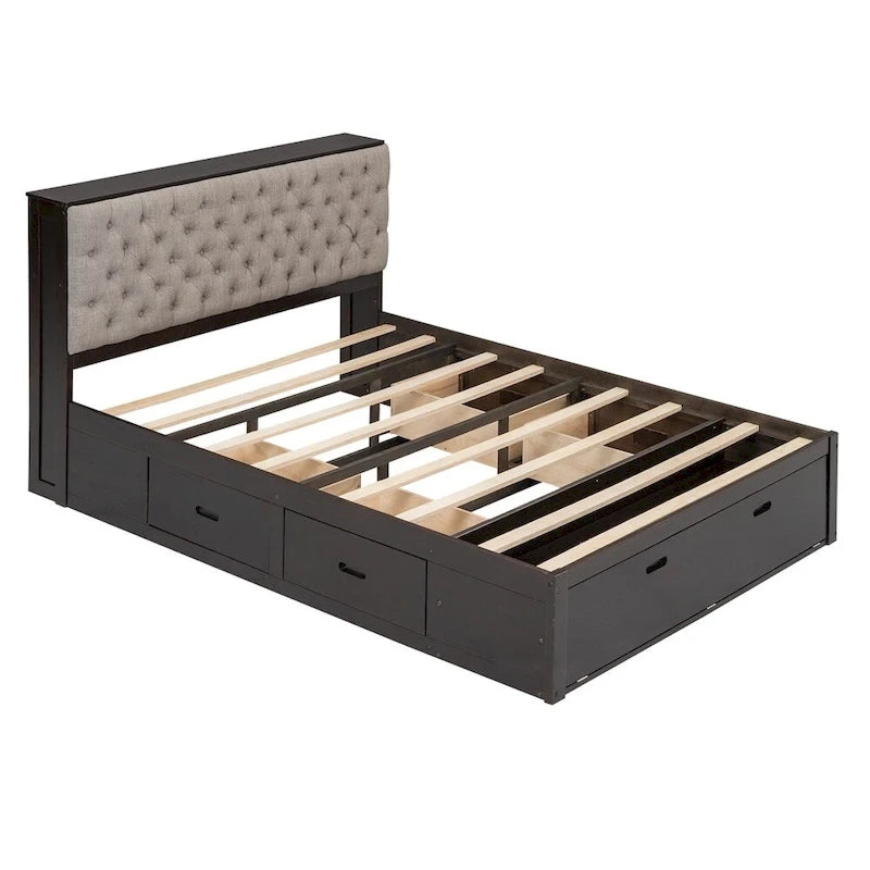 Queen Size Wood Platform Bed with Storage Drawers, Headboard Shelf and Shoe Rack