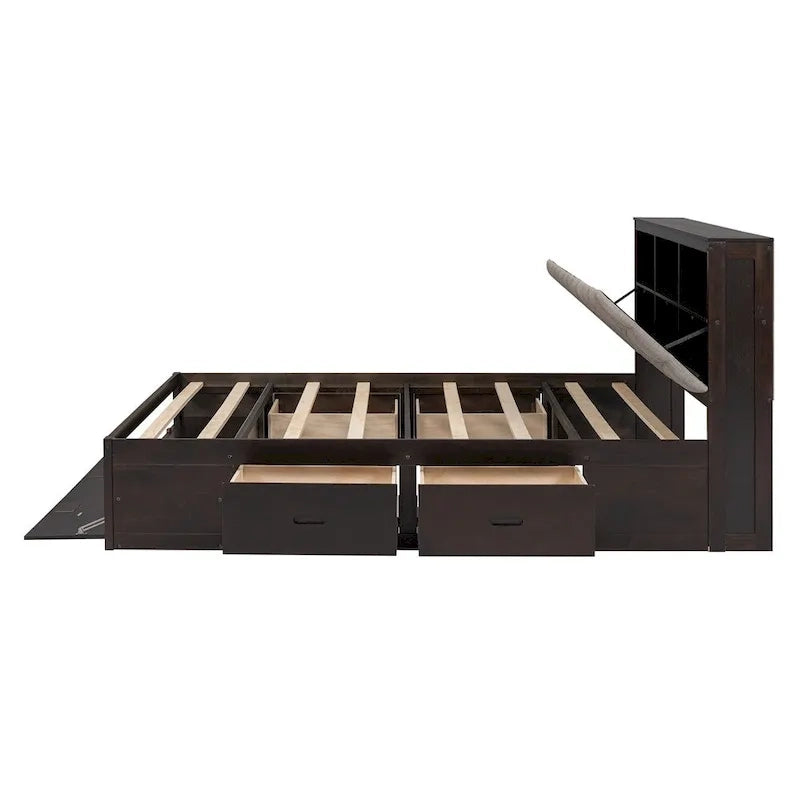 Queen Size Wood Platform Bed with Storage Drawers, Headboard Shelf and Shoe Rack