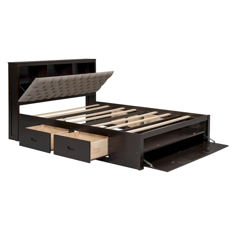Queen Size Wood Platform Bed with Storage Drawers, Headboard Shelf and Shoe Rack