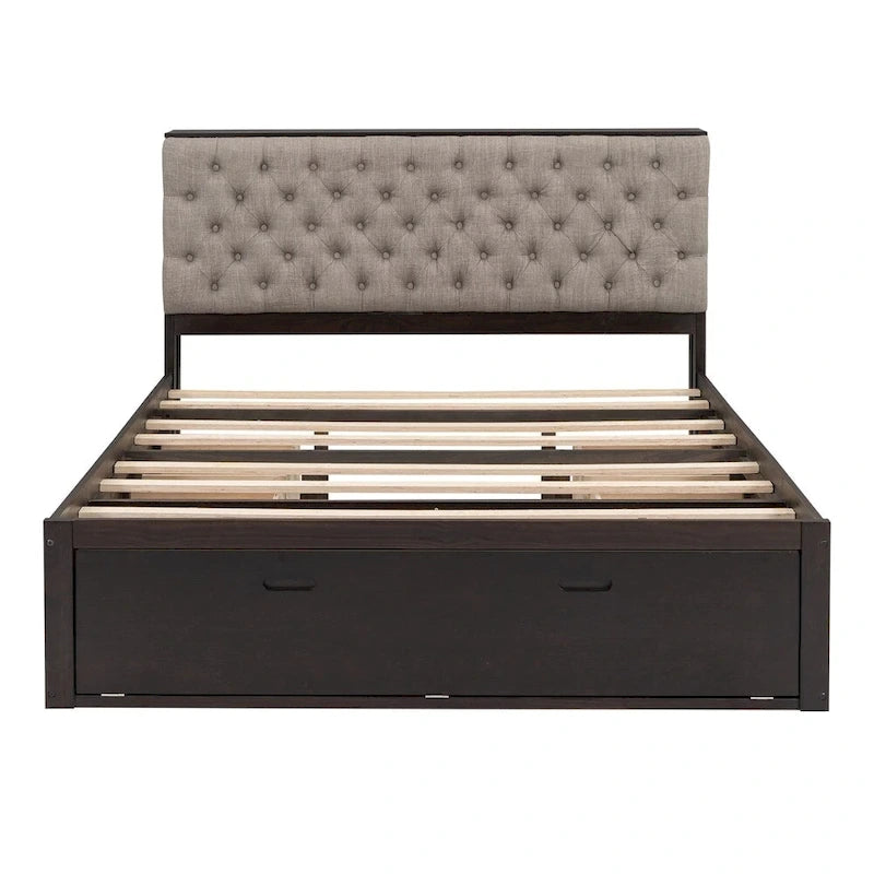Queen Size Wood Platform Bed with Storage Drawers, Headboard Shelf and Shoe Rack