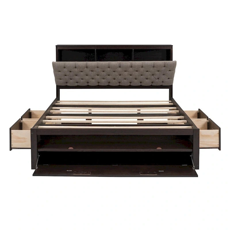 Queen Size Wood Platform Bed with Storage Drawers, Headboard Shelf and Shoe Rack
