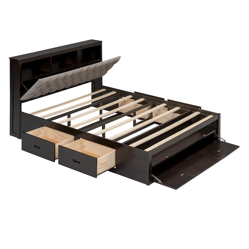 Queen Size Wood Platform Bed with Storage Drawers, Headboard Shelf and Shoe Rack