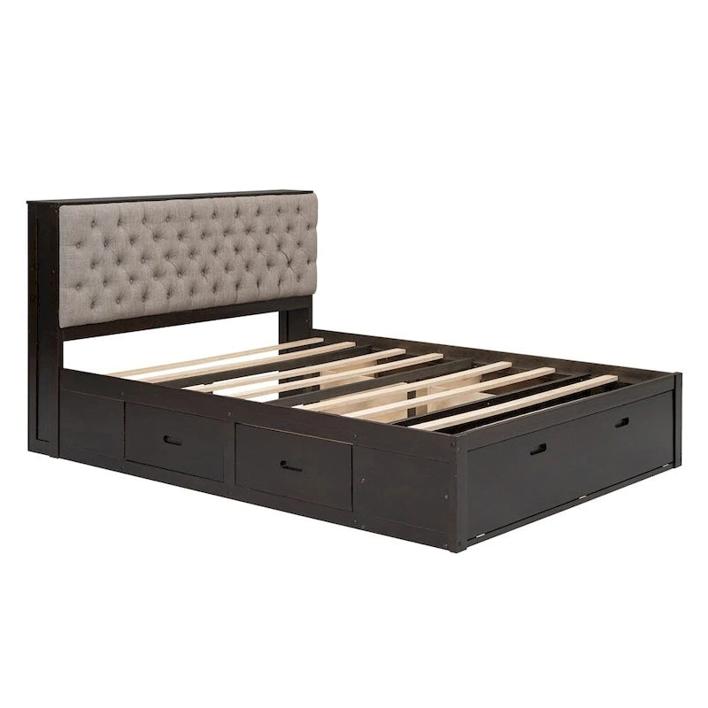 Queen Size Wood Platform Bed with Storage Drawers, Headboard Shelf and Shoe Rack