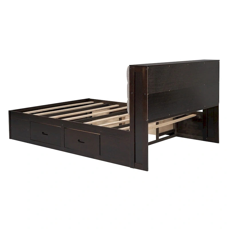 Queen Size Wood Platform Bed with Storage Drawers, Headboard Shelf and Shoe Rack
