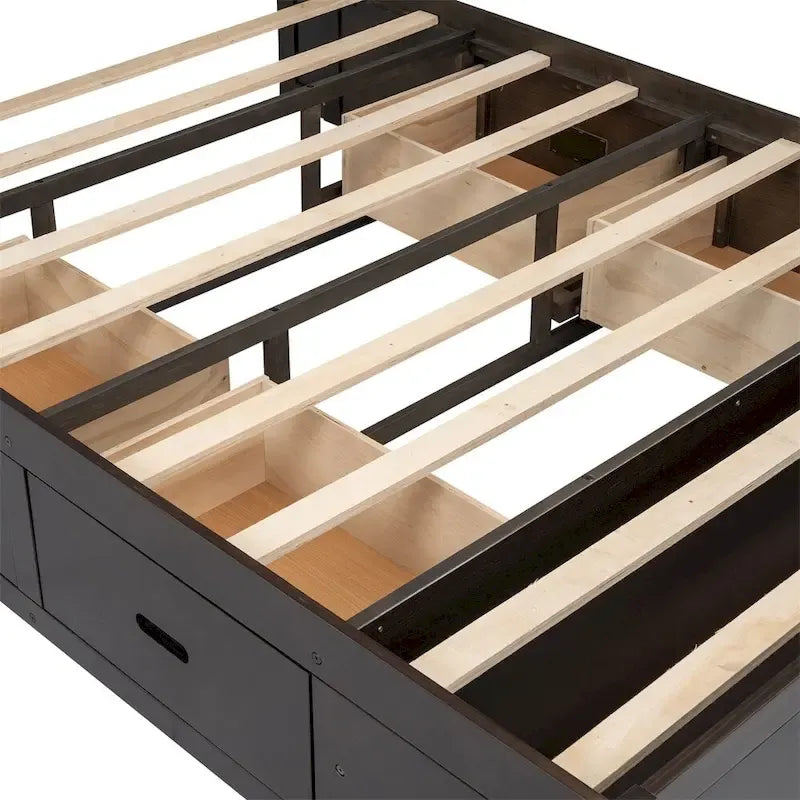 Queen Size Wood Platform Bed with Storage Drawers, Headboard Shelf and Shoe Rack