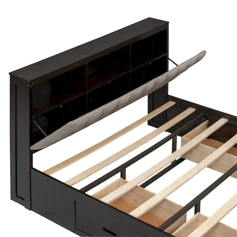 Queen Size Wood Platform Bed with Storage Drawers, Headboard Shelf and Shoe Rack