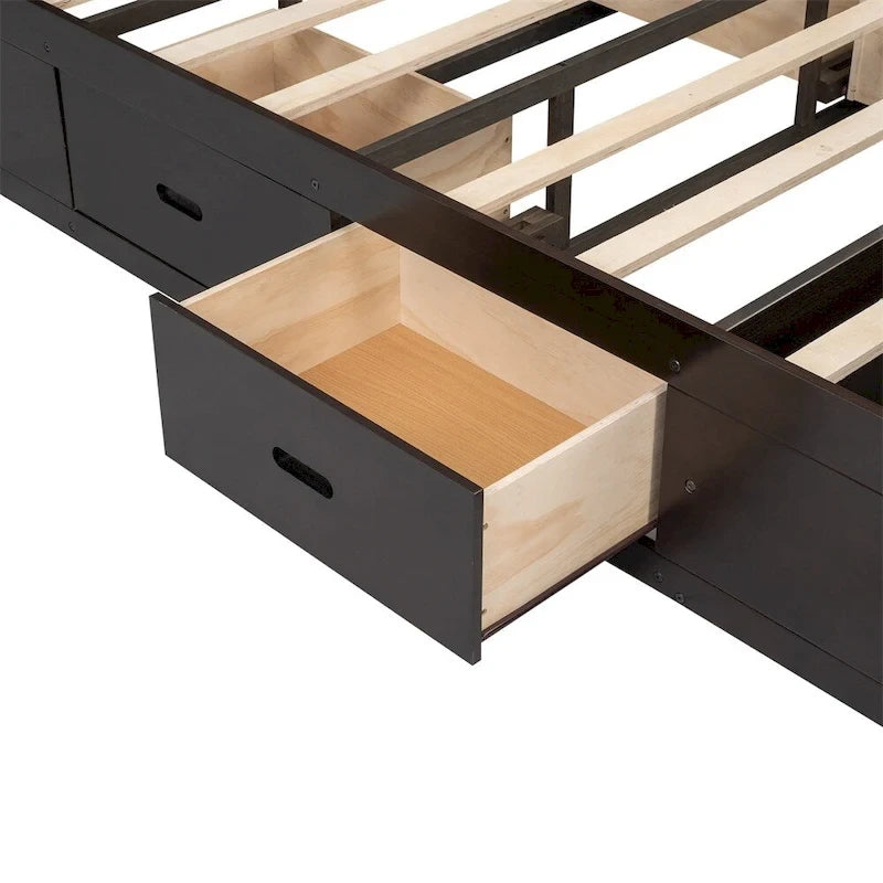 Queen Size Wood Platform Bed with Storage Drawers, Headboard Shelf and Shoe Rack