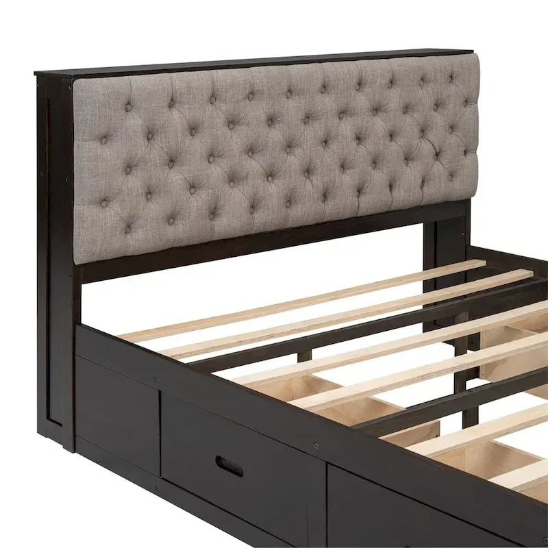Queen Size Wood Platform Bed with Storage Drawers, Headboard Shelf and Shoe Rack
