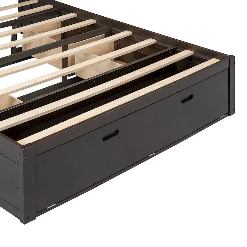 Queen Size Wood Platform Bed with Storage Drawers, Headboard Shelf and Shoe Rack