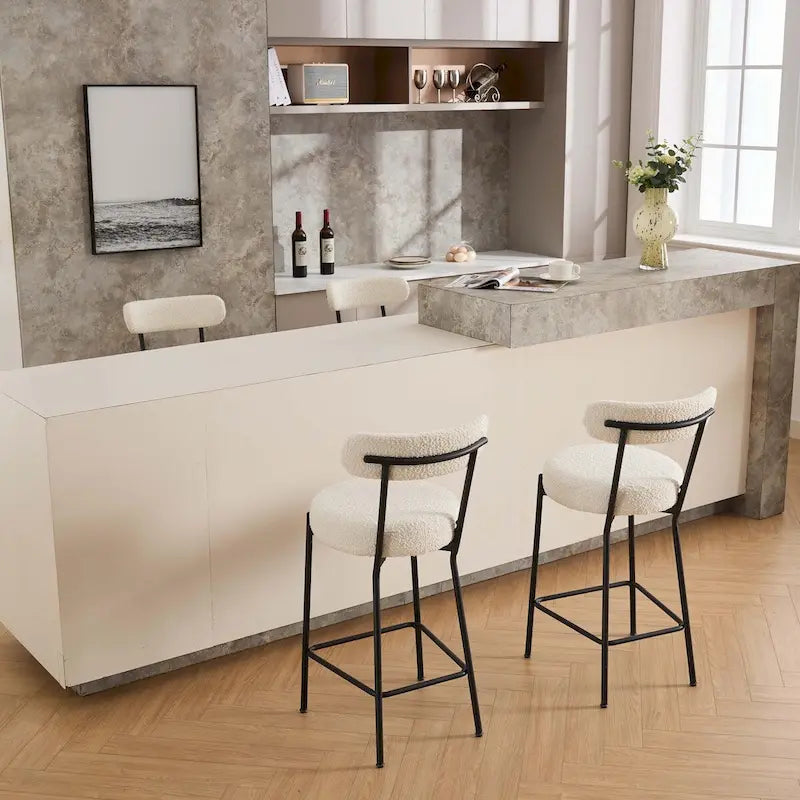 27 Inch Modern Boucle Counter Stools with Metal Frame and Footrest, Set of 2, 300 lbs Capacity